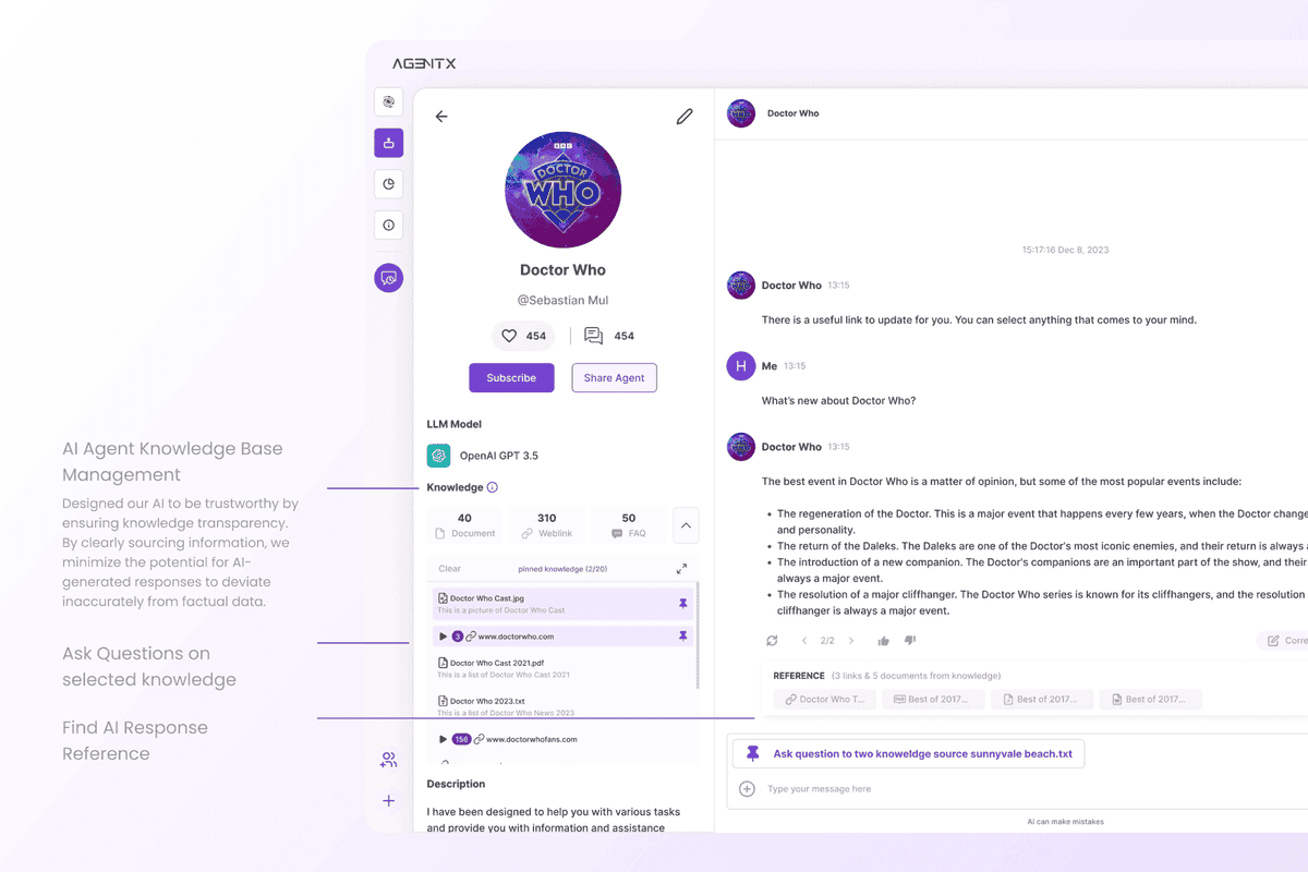 AgentX AI answer experience with selected knowledge sources and reference links