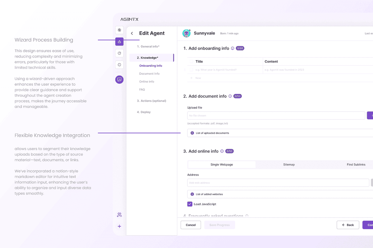 AgentX wizard flow for uploading documents and connecting online knowledge sources