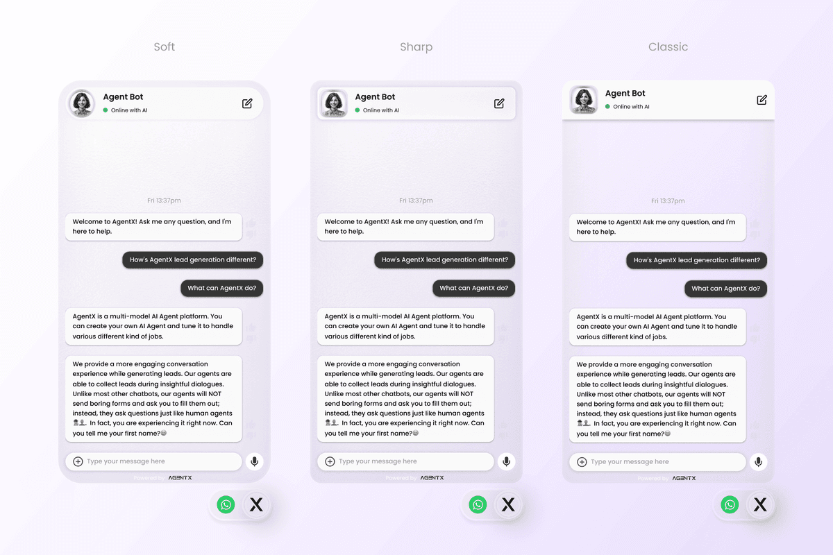 AgentX ChatBubble widget style options for website chatbot deployment