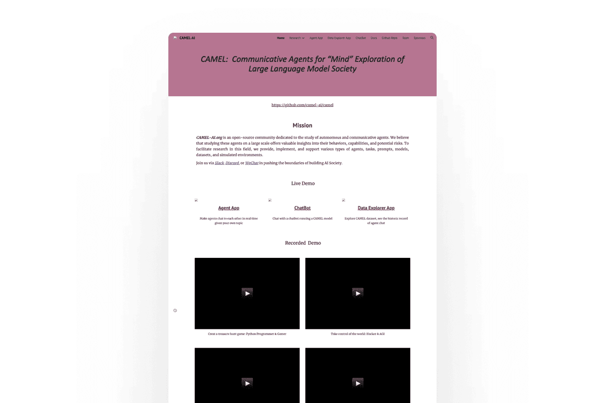 Early CAMEL-AI website presenting the project like a research paper