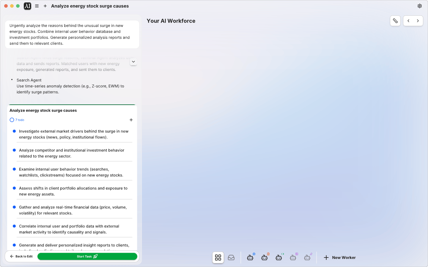 Customise workers with your selected tools and instructions to build a team of multi-agent workforce.