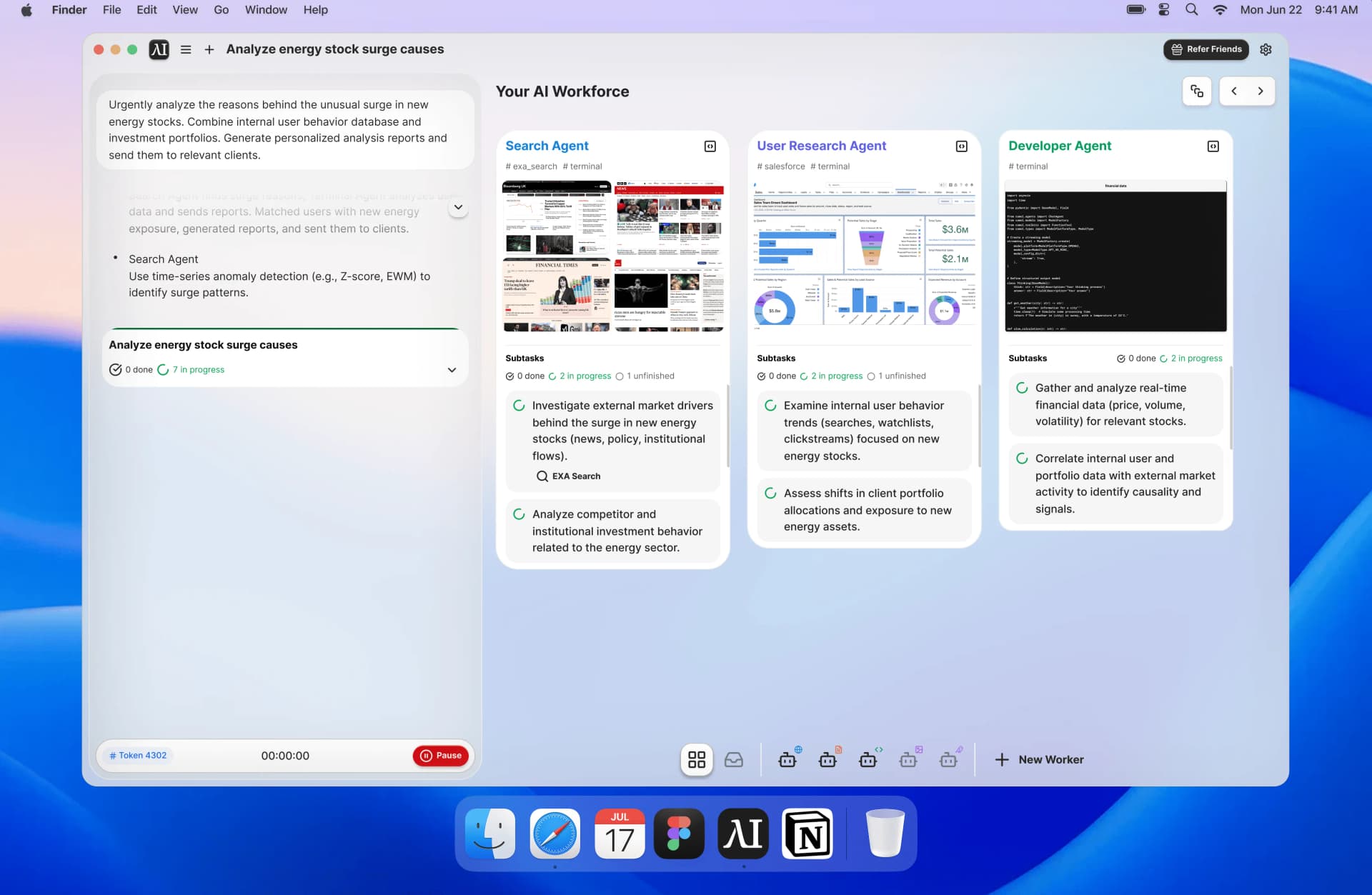 Eigent Interface: run a sample task for analysing stock surge