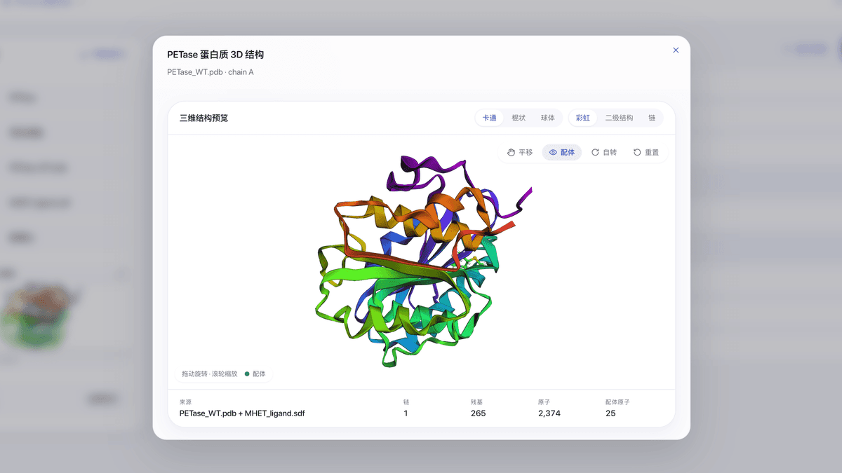 EnzyOne interactive PETase protein and ligand 3D structure viewer